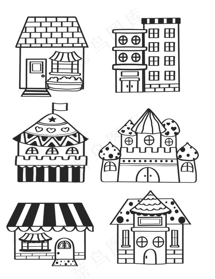 可爱卡通线描风房子系列套图素材图片