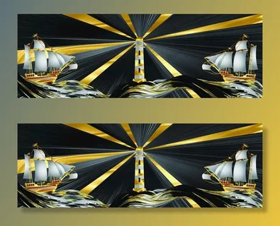 新中式灯塔帆船丝绸飘带装饰画图片