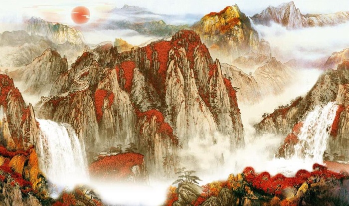 新中式鸿运当头山水国画电视背景图片