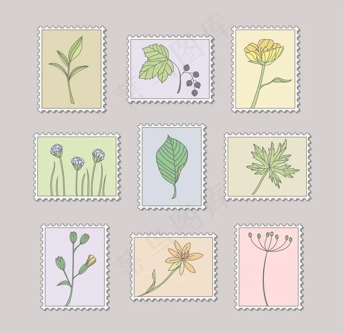 手绘植物邮票集图片eps,ai矢量模版下载