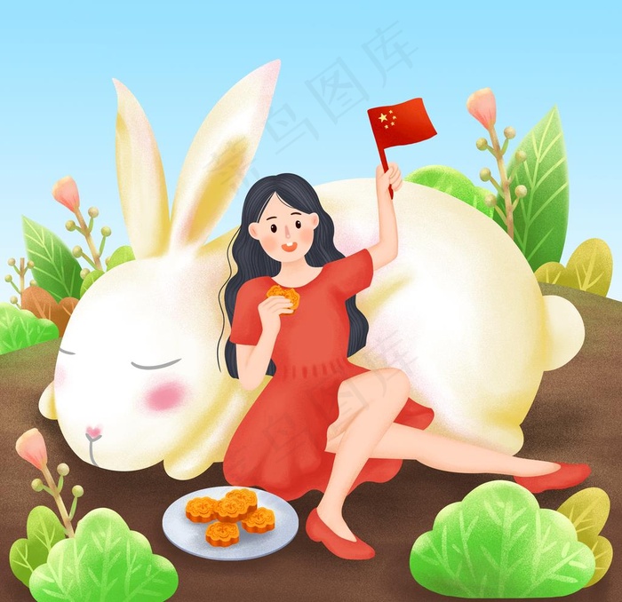 女孩吃月饼庆祝国庆图片(3000X3000(DPI:300))psd模版下载