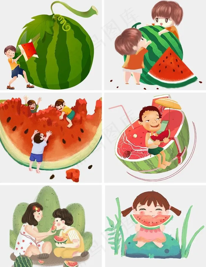 大暑处暑吃西瓜卡通漫psd素材图片