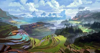 彩色插画梯田天空云彩图片