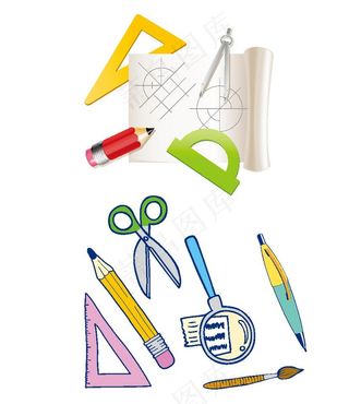 手绘纸尺子笔剪刀铅笔圆规素材图片