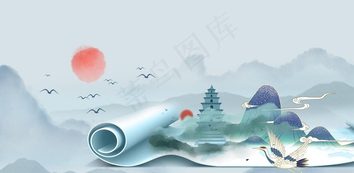 水墨画卷轴图片(1920X1000(DPI:300))psd模版下载