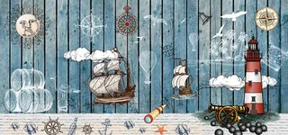 复古手绘地中海航海风沙发背景墙图片