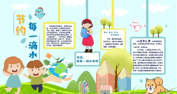 节约用水幼儿园学校展板卡通小报图片(9449X5315(DPI:300))psd模版下载