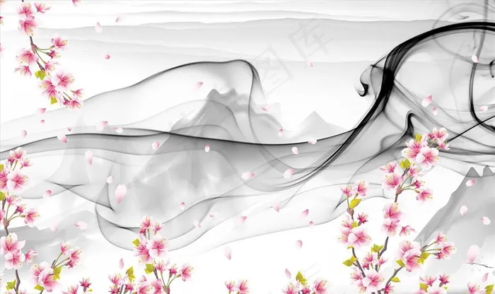 梅花 飘带 背景墙图片(9071X5669(DPI:72))psd模版下载