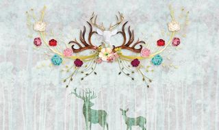 北欧手绘森林梅花鹿电视背景墙图图片