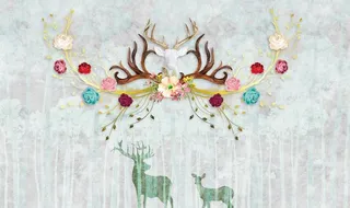 北欧手绘森林梅花鹿电视背景墙图图片