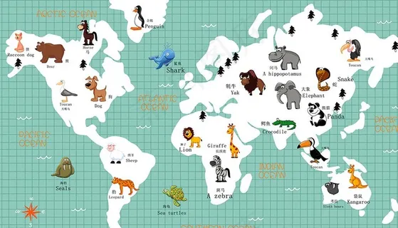 时尚卡通动物世界地图背景墙图片