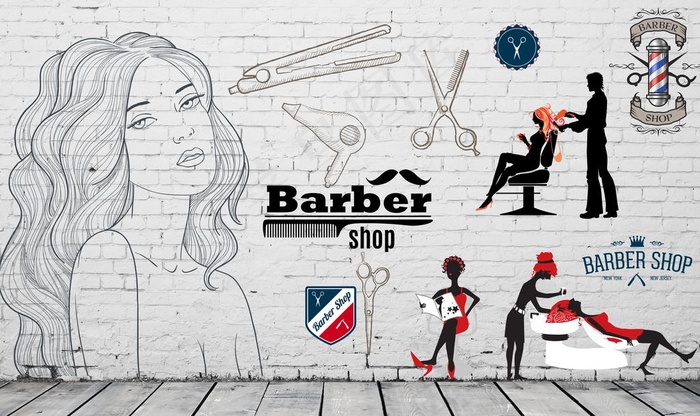 怀旧美容美发工装背景墙图片