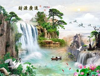 流水生财唯美寓意现实山水背景墙图片