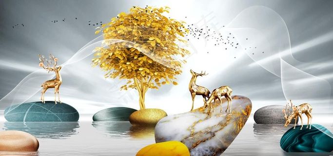 新中式金色大海水石头麋鹿装饰画图片 新中式金色大海水石头麋鹿装饰画图片