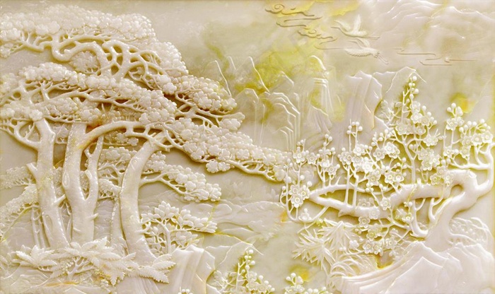 玉石松树梅花电视背景墙图片