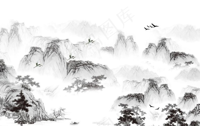 国画水墨山水电视背景墙图片