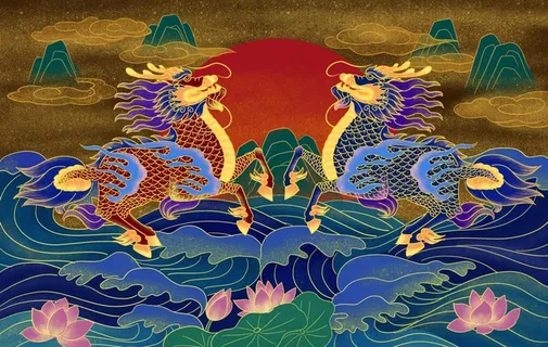 麒麟传统国风插画卡通背景素材图片