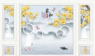 3D边框圆圈黄色玉兰花背景墙图片