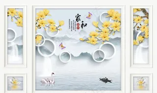 3D边框圆圈黄色玉兰花背景墙图片