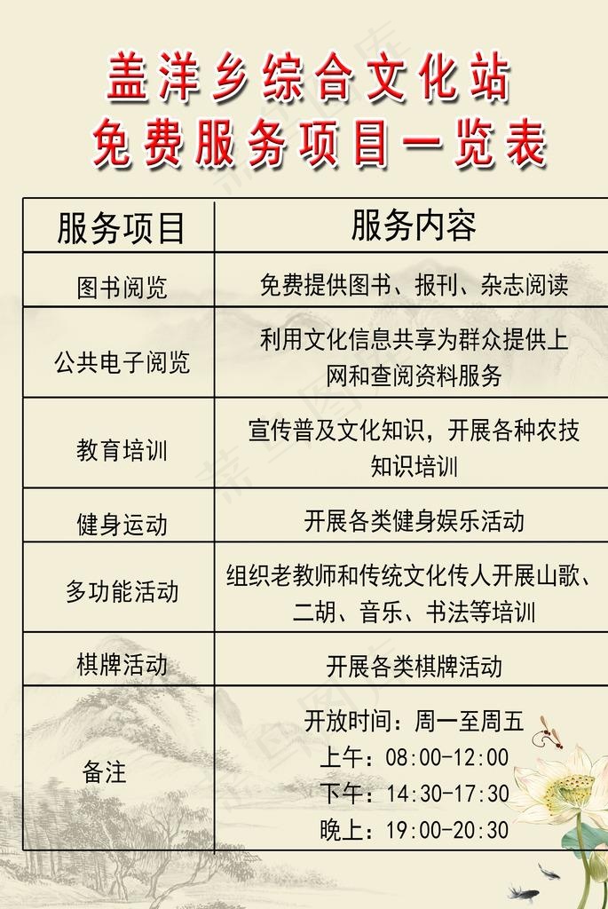 盖洋乡综合文化站免费服务项目图片(1984X2835(DPI:72))psd模版下载