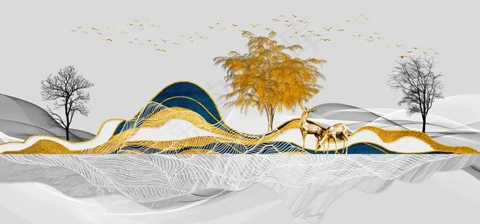 新中式鎏金线条水墨山水装饰画图片