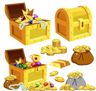 卡通藏宝箱和金币袋子图片