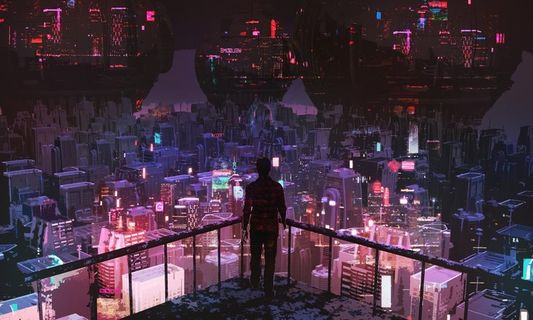 未来城市建筑人物海报素材图片