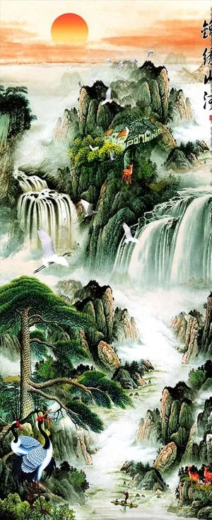 聚宝盆旭日东升风水画图片