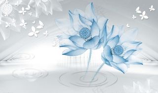 立体空间蓝色荷花蝴蝶背景墙图片