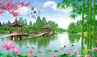 竹枝清新绿色风景湖泊壁画背景墙图片