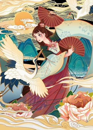 手绘国潮人物祥云图片