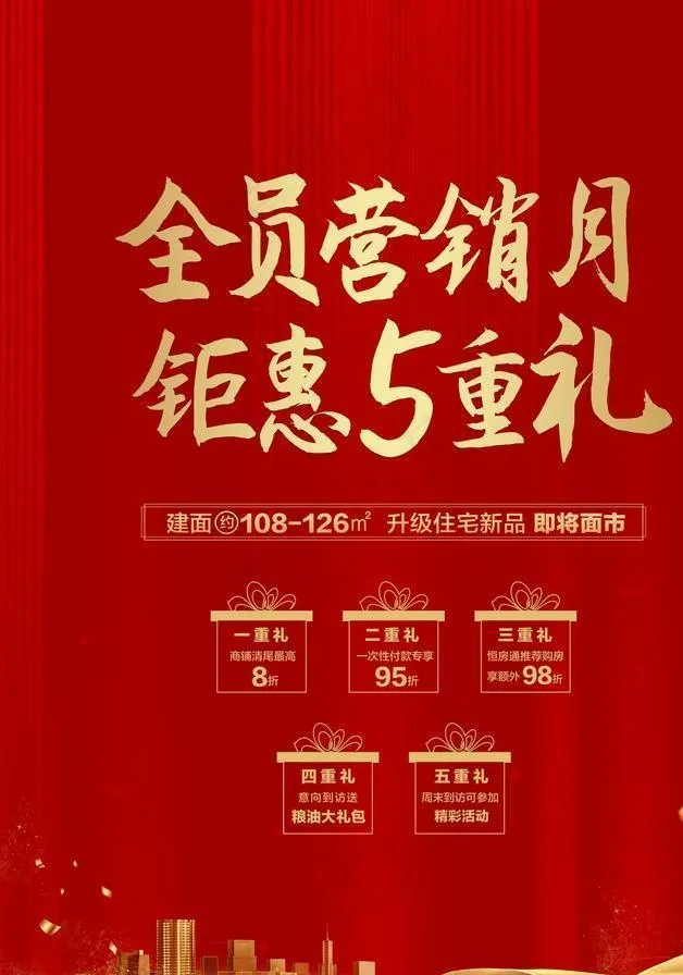 全员营销月 金色礼盒 红色背景图片psd模版下载