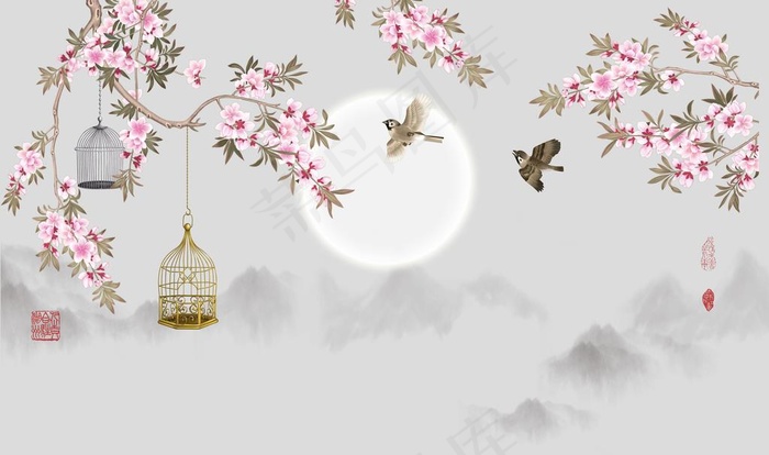 工笔花鸟背景墙图片