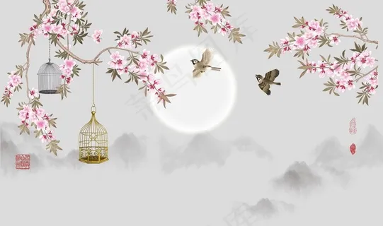 工笔花鸟背景墙图片