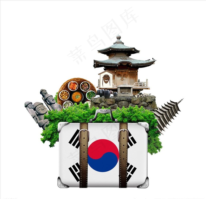 韩国地标建筑合成行李箱免抠图片