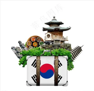 韩国地标建筑合成行李箱免抠图片