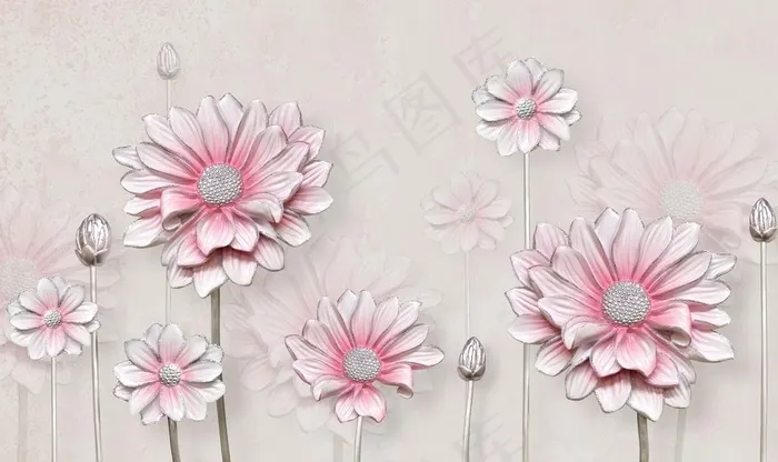 清新粉色3d立体花朵电视背景墙图片