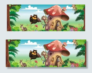 卡通动物森林背景手绘矢量图图片