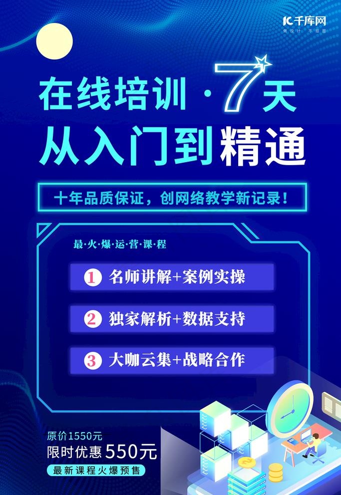 蓝色创意在线培训微商运营海报图片(3543X5315(DPI:150))psd模版下载