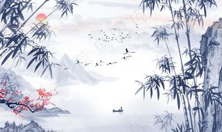 蓝色水墨竹子中式玄关屏风电视背图片