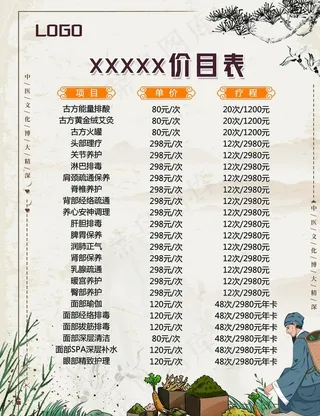 中医价目表图片