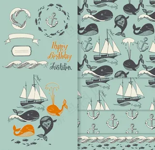 11款海洋元素和4款无缝背景图片