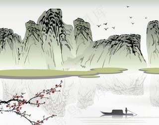 群山江面扁舟图片