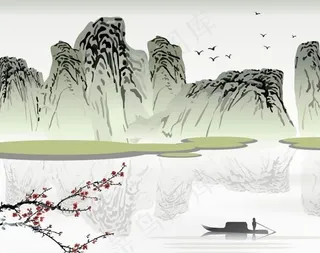 群山江面扁舟图片