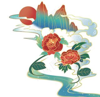 手绘国潮山水牡丹日出图片