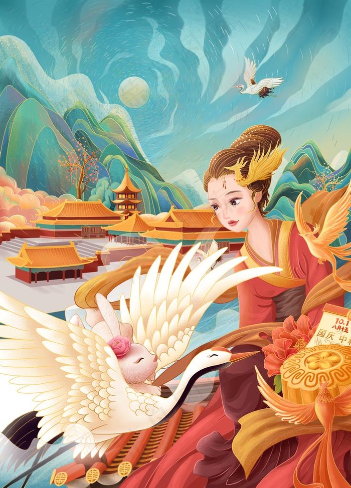 中国风嫦娥仙鹤手绘插画图片