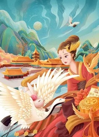 中国风嫦娥仙鹤手绘插画图片
