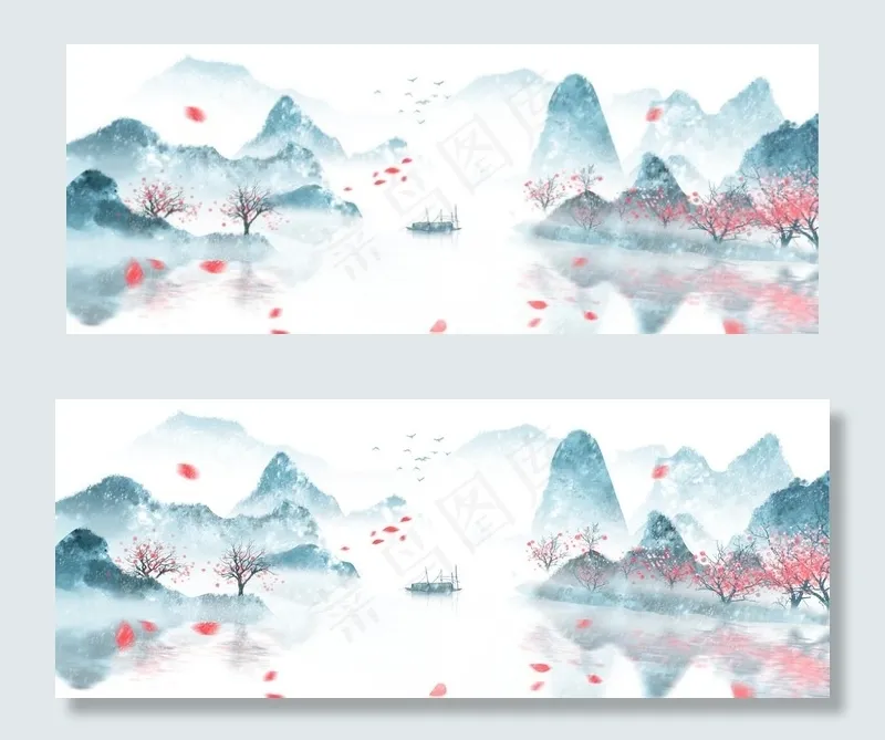 唯美冬季雪景水墨山水画图片
