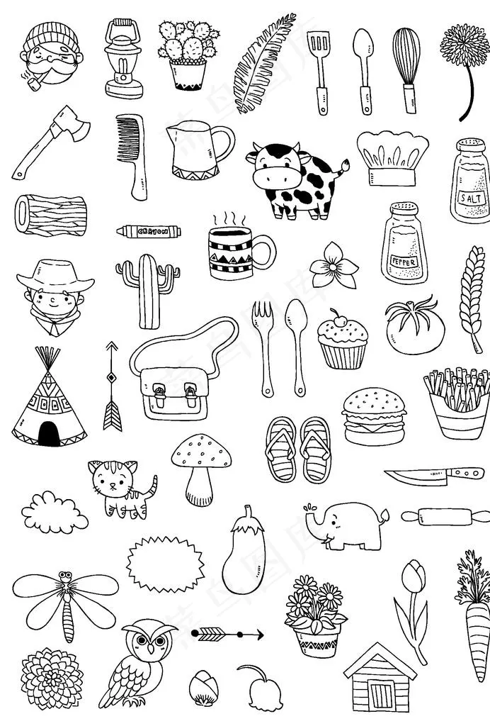 黑白简笔创意小图案图片ai矢量模版下载