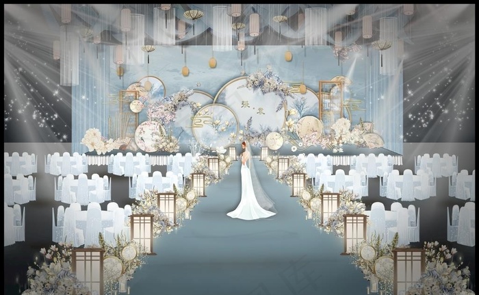 蓝色新中式婚礼效果图图片